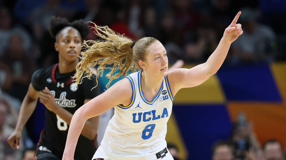 UCLA forward Gianna Kneepkens (8) reportedly visited South Carolina and Dawn Staley as a transfer portal recruiting target before picking the Bruins.