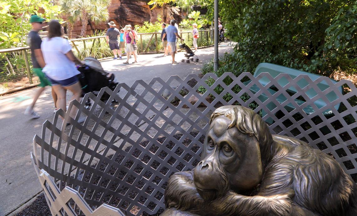 Some attractions at the Riverbanks Zoo, like the orangutan statue, are cordoned off to keep children from climbing on them to help prevent the spread of the coronavirus.