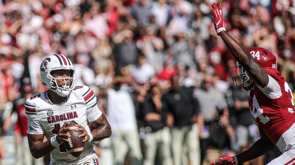 South Carolina’s LaNorris Sellers looks for an open receiver during a two point conversion attempt in the last moments of their loss to Alabama in Bryant-Denny Stadium.