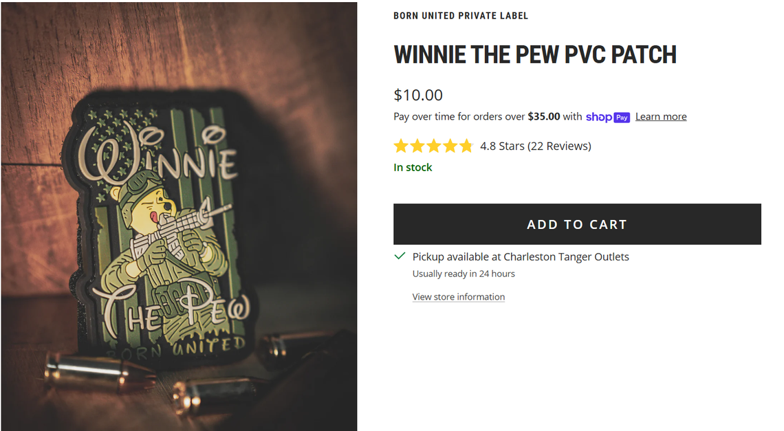 Born United carries a range of products bearing popular fictional characters. While some, like famously peaceful Whinnie-the-Pooh are the public domain, others are still trademarked.