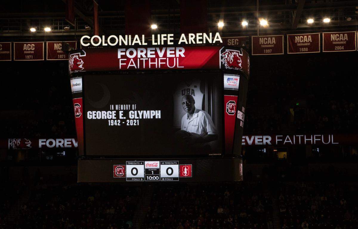 Coach George Glymph is honored in the Colonial Life Arena before the Gamecocks’ women’s basketball team plays Stanford.
