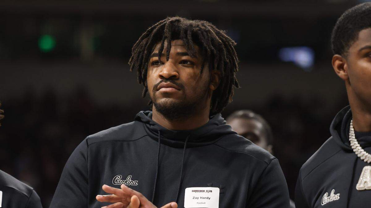 South Carolina football player Zay Hardy is recognized during a ceremony at halftime of Gamecocks’ game against Mississippi State at Colonial Life Arena in Columbia on Saturday, January 25, 2025.