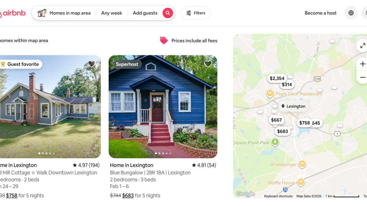 A screenshot of Airbnb listings for Lexington, SC.