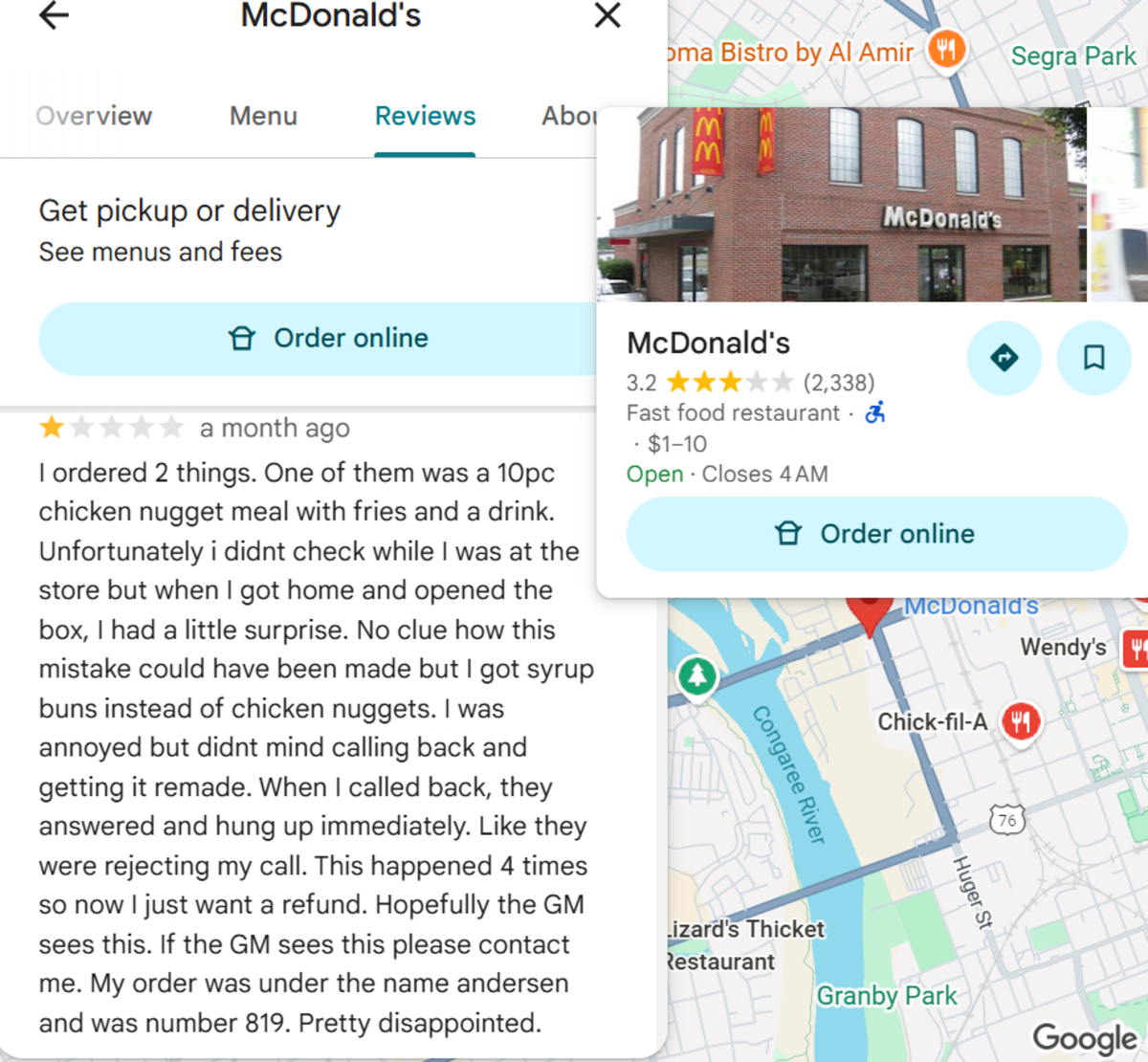 Google Maps review for McDonald’s on 434 Gervais Street.