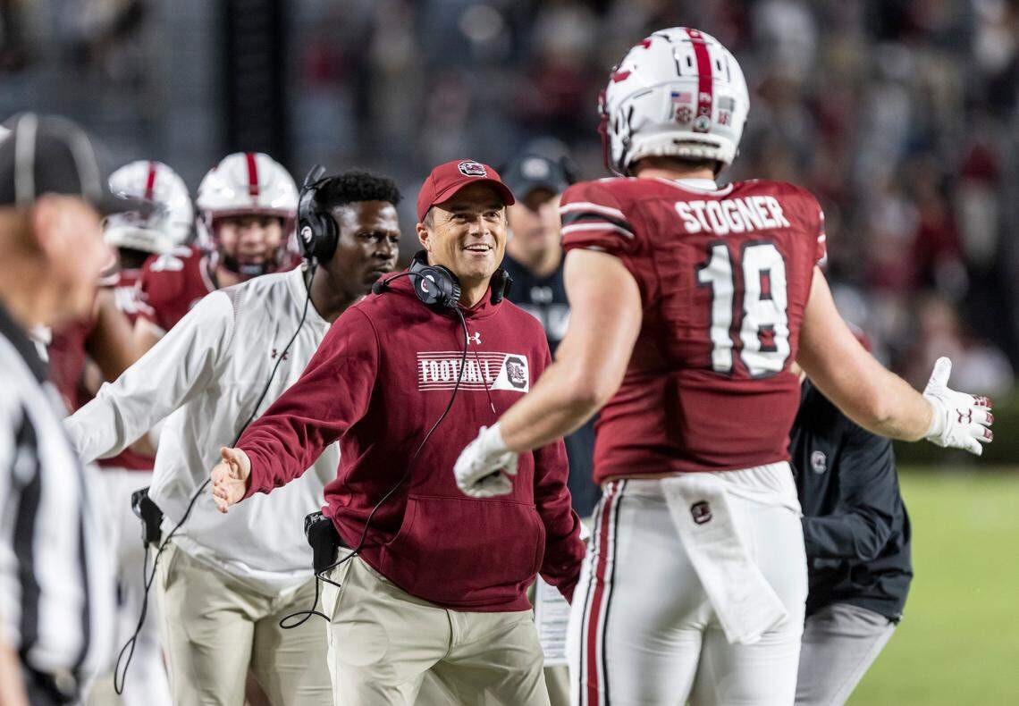 South Carolina Gamecocks tight end Austin Stogner (18) celebrates a touchdown with head coach Shane Beamer at Williams-Brice Stadium in Columbia, SC on Thursday, Sept. 29, 2022.
