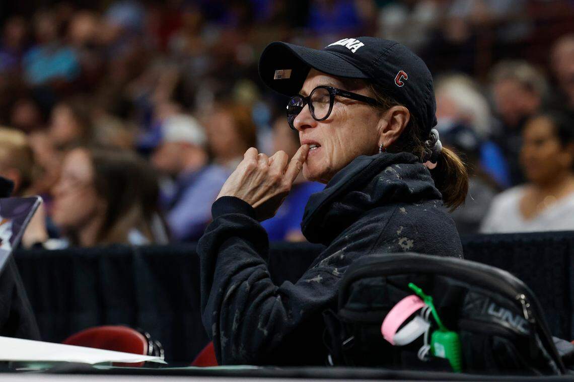 University of South Carolina Associate Coach Lisa Boyer watches Presbyterian and Sacred Heart play in the First Four game at the Colonial Life Arena on Wednesday, Mar. 20, 2024.
