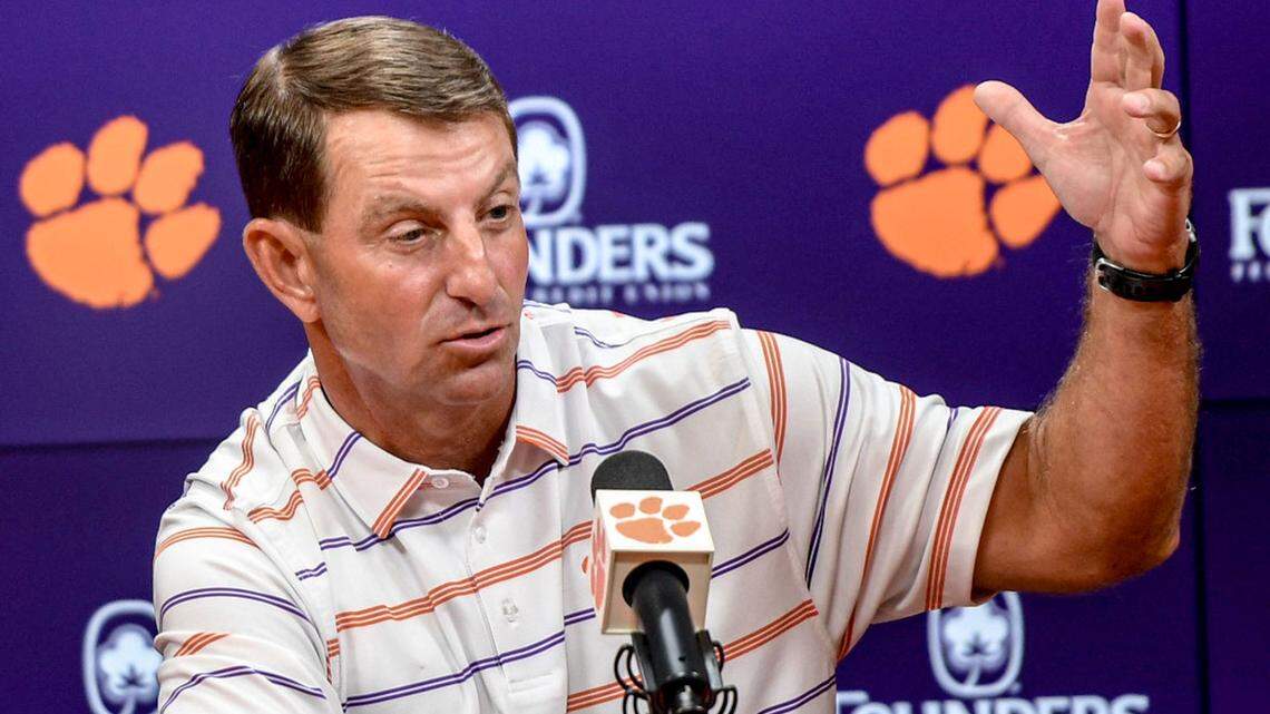 Clemson head coach Dabo Swinney talks during the Clemson football Media Outing & Open House at the Allen N. Reeves Football Complex in Clemson, S.C. Tuesday, July 16, 2024.