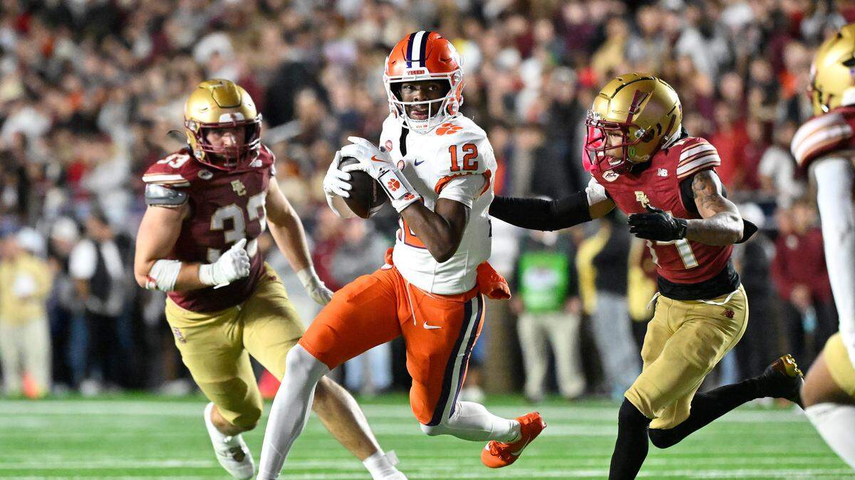 Oct 11, 2025; Chestnut Hill, Massachusetts, USA; Clemson Tigers wide receiver Bryant Wesco Jr. (12) runs with the ball during the first half against the Boston College Eagles at Alumni Stadium. Mandatory Credit: Eric Canha-Imagn Images