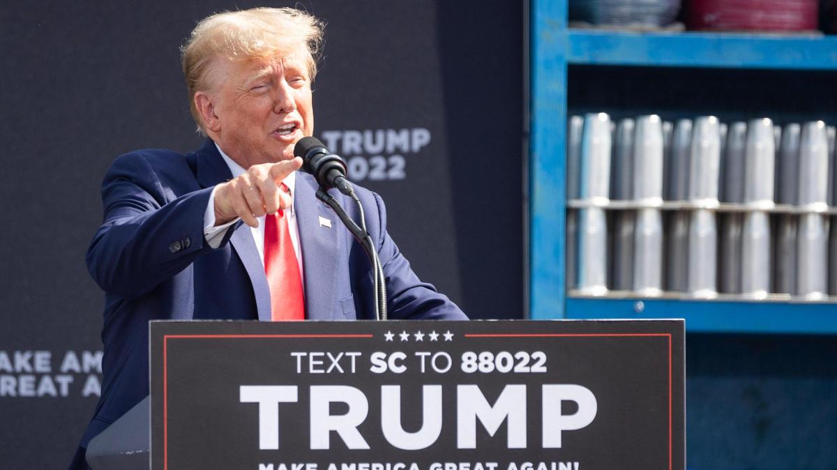 Former President Donald Trump holds a campaign event at the Sportsman Boats manufacturing plant in Summerville, South Carolina on Monday, September 25, 2023.