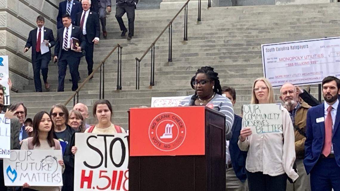Environmentalists rallied at the S.C. capitol on Feb. 27, 2024 to protest S.C. House Bill 5118, the South Carolina Energy Security Act. Backers say the bill will ensure the state has enough power to meet growing demand, but critics say it would remove oversight over utility companies.