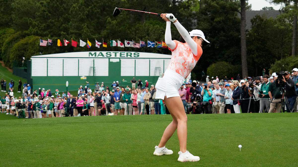 Rose Zhang of Irvine, CA, plays her tee shot on the first hole during the final round of the Augusta National Women’s Amateur golf tournament at Augusta National Golf Club.