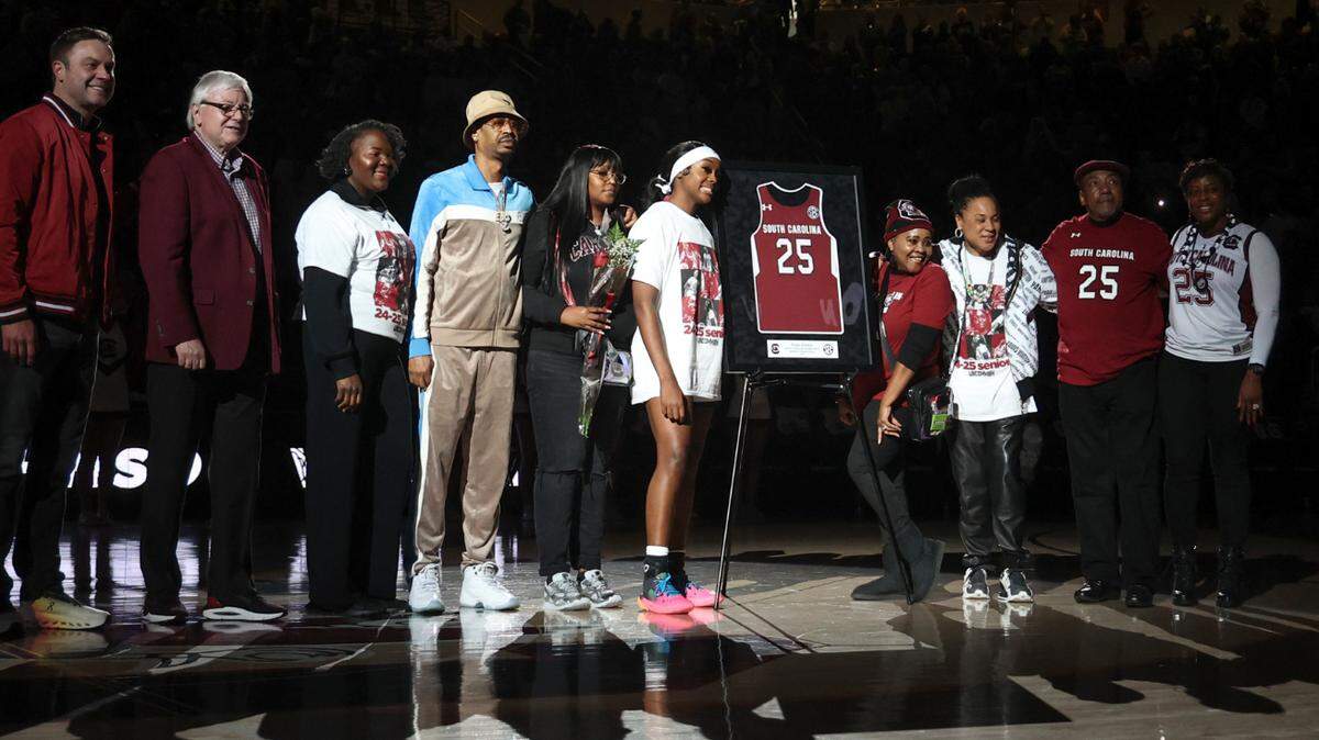 University of South Carolina’s Raven Johnson (25) is honored during senior day at the Colonial Life Arena on Sunday, March 2, 2025.