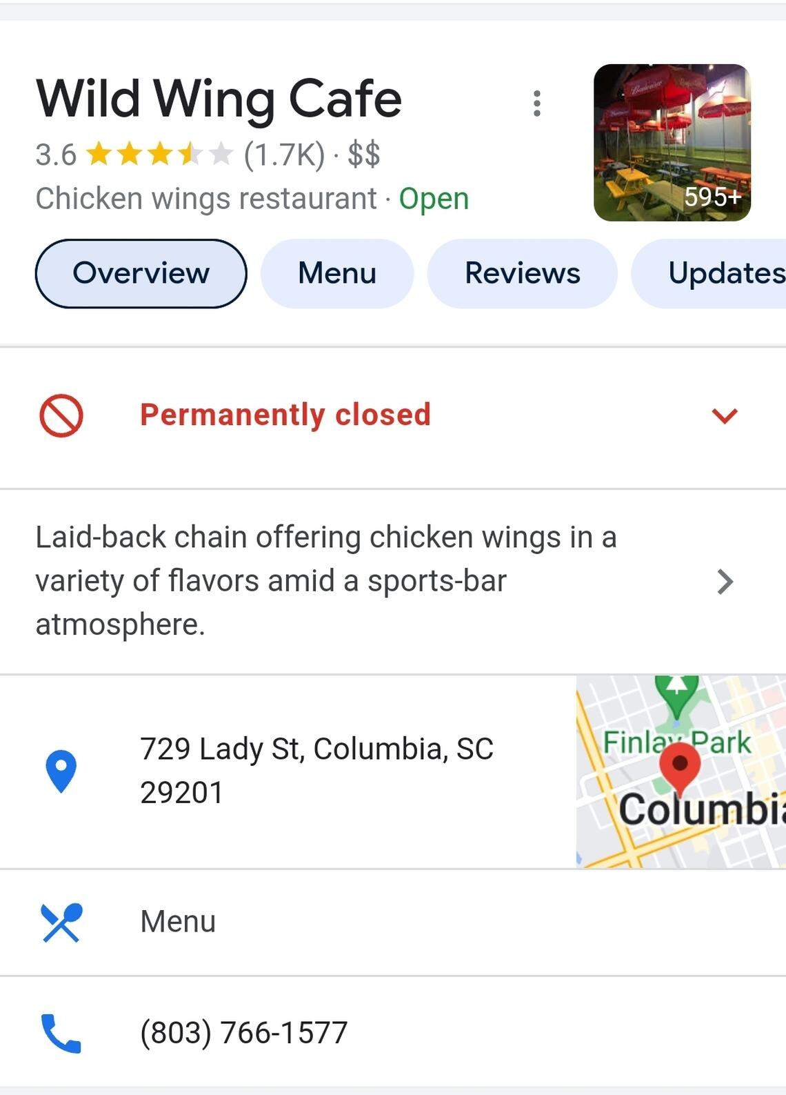 A Google listing for Wild Wing Cafe on Lady Street in Columbia’s Vista notes it as permanently closed.