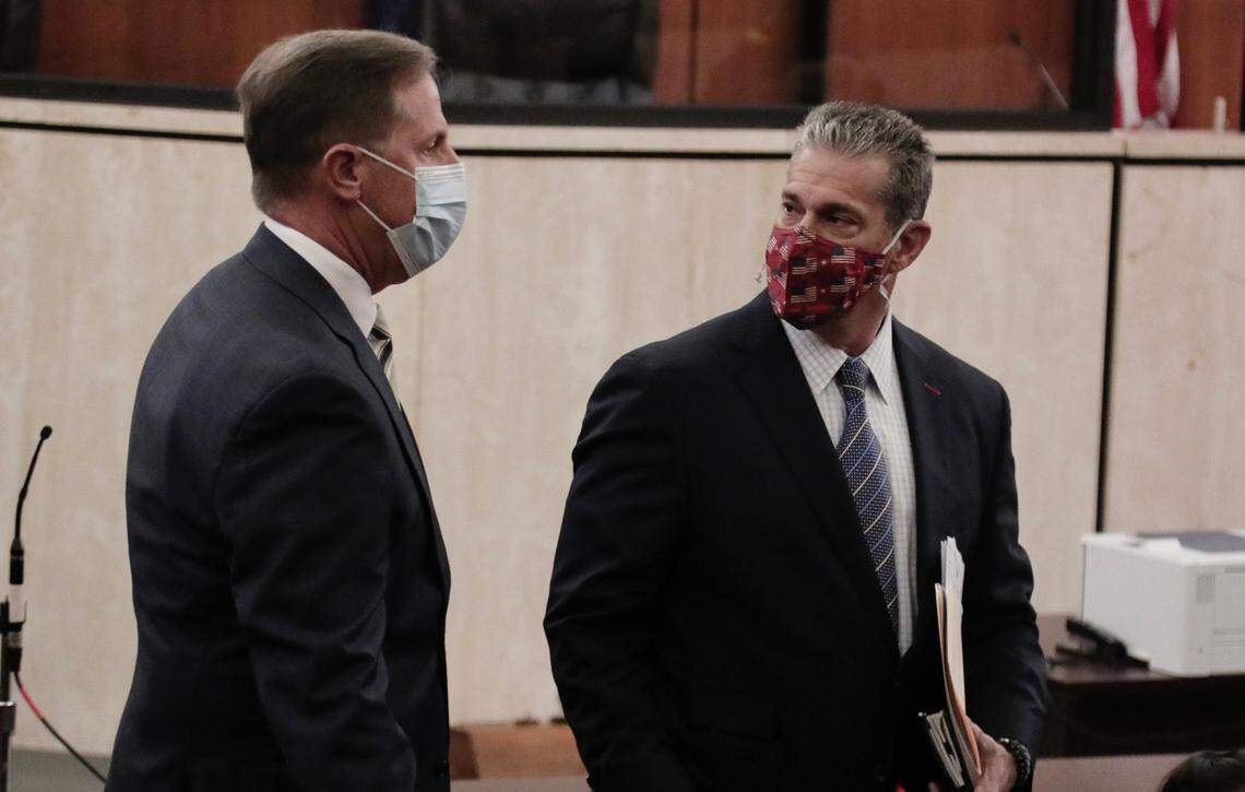 Eric Bland, an attorney representing Satterfield’s two sons, is pictured at right on Tuesday, Oct. 19, 2021 at Alex Murdaugh’s bond hearing in Richland County, S.C.