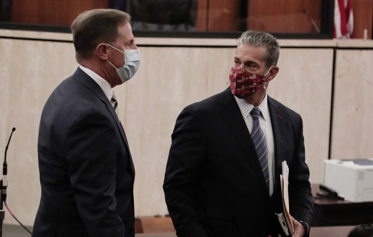 Eric Bland, an attorney representing Satterfield’s two sons, is pictured at right on Tuesday, Oct. 19, 2021 at Alex Murdaugh’s bond hearing in Richland County, S.C.