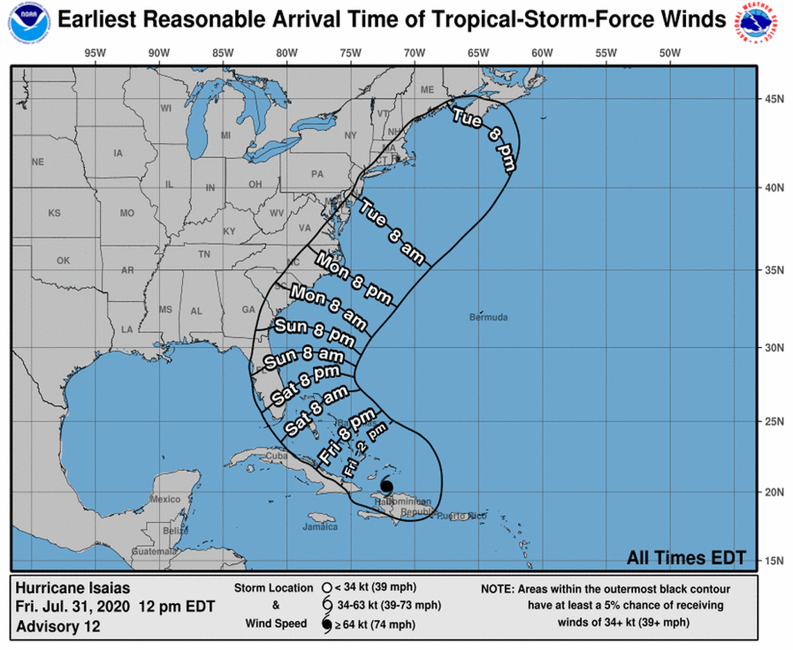 The potential track for Hurricane Isaias, according to the National Hurricane Center.