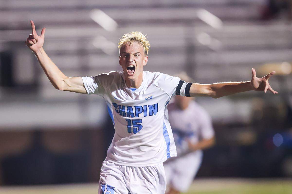 Chapin High Eagles midfielder Lucas Rogers (15) celebrates scoring on a penalty kick in the first half against the Eastside High Eagles during the Class 5A-Division II state championship game at Memorial Stadium in Columbia, SC, 5/23/26.