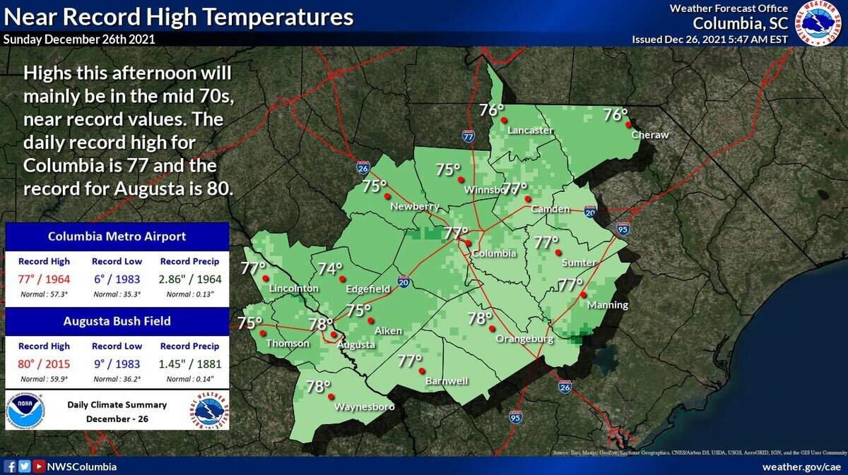 The National Weather Service predicts the Columbia area could flirt with record high temperatures on Dec. 26, 2021.