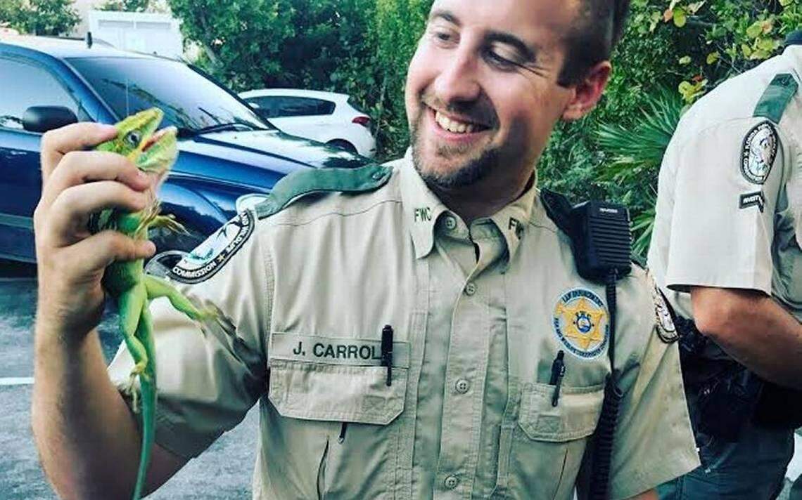 In this January 2017 photo, FWC Officer Jefferson Carroll holds one of the 114 reptiles recovered in a traffic stop.