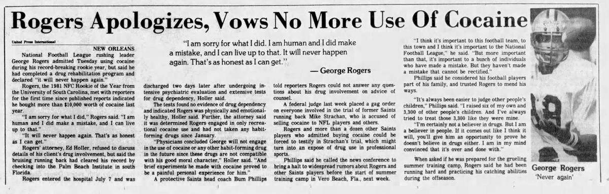 A story published in The State newspaper on July 14, 1982 about George Rogers and his use of cocaine.