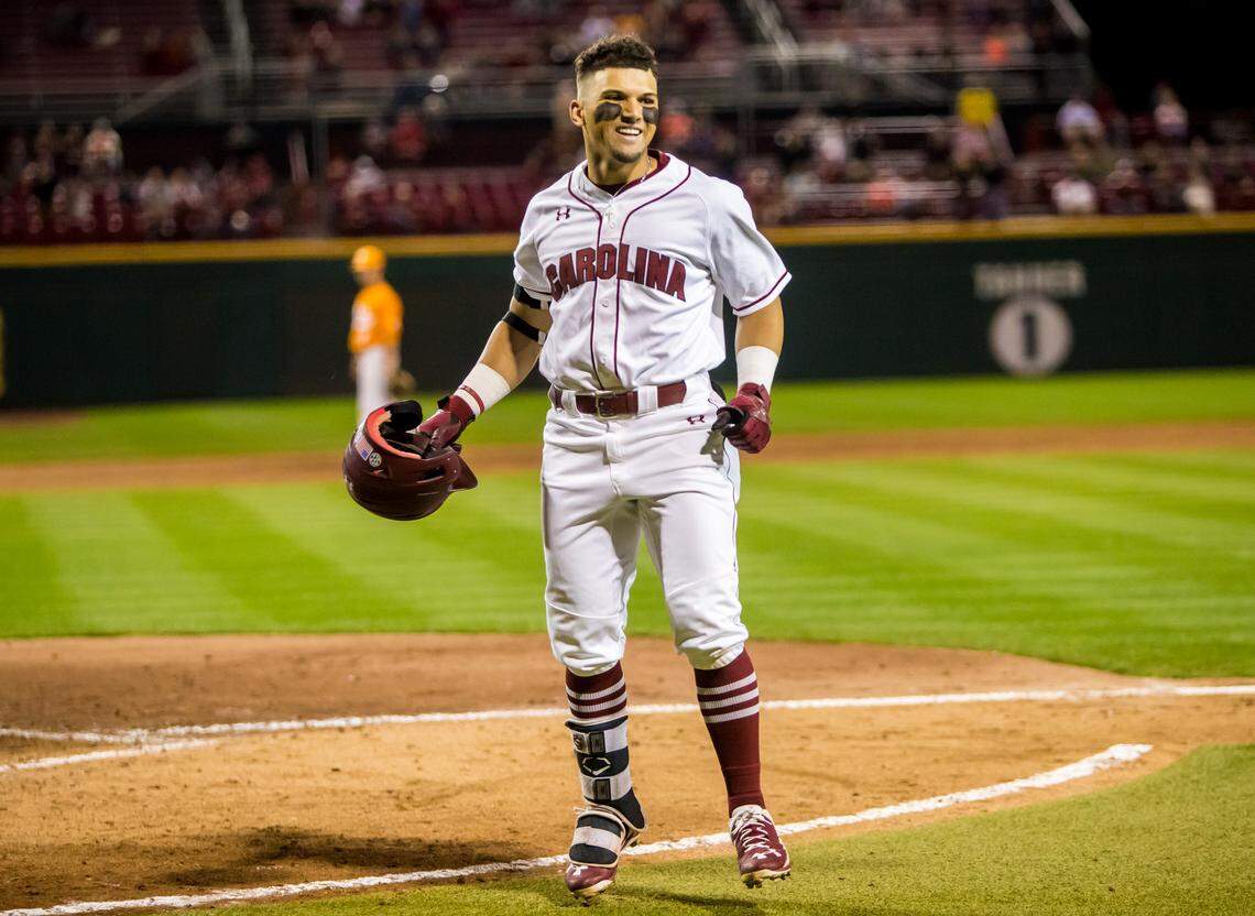 South Carolina Gamecocks left fielder Carlos Cortes (8) celebrates his solo homer during the fourth inning against the Tennessee Volunteers at Founders Park.