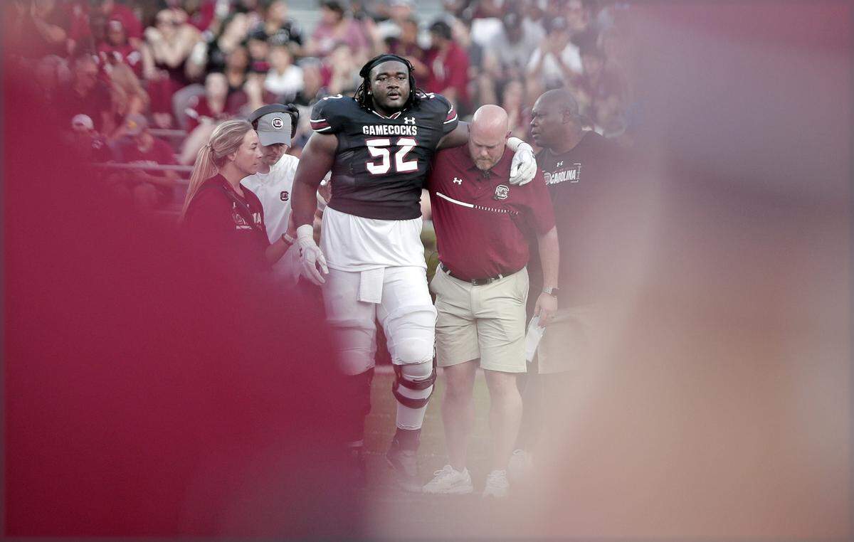 South Carolina’s Jaylen Nichols was injured in the 2023 spring game.