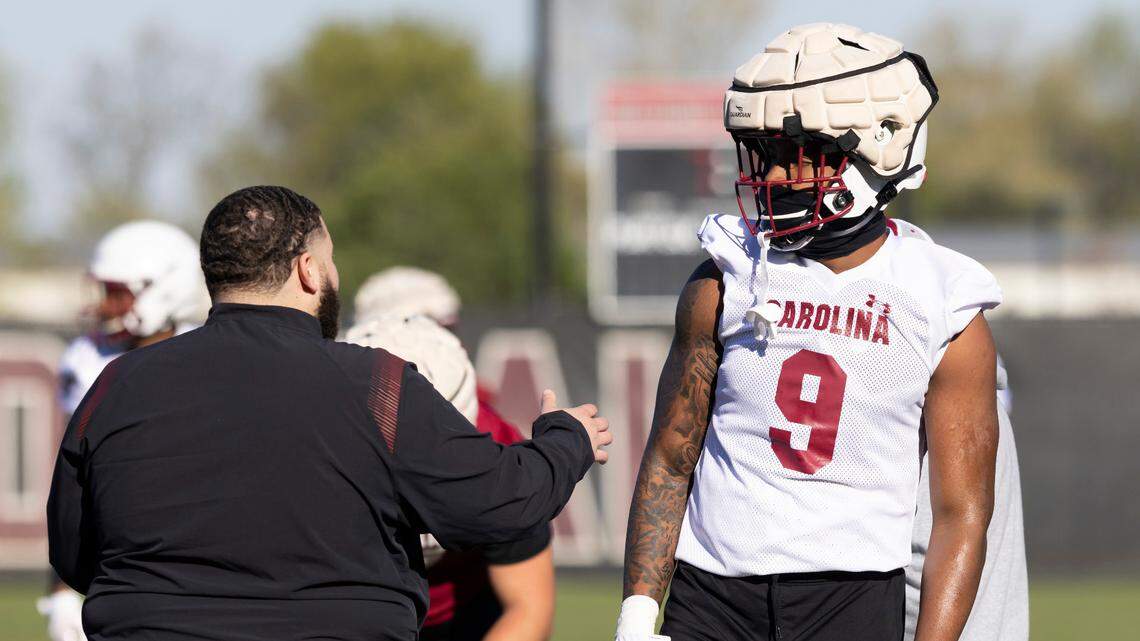 Gamecock defensive end Desmond Umeozulu (9) runs drills during practice in Columbia on Tuesday, March 14, 2023.