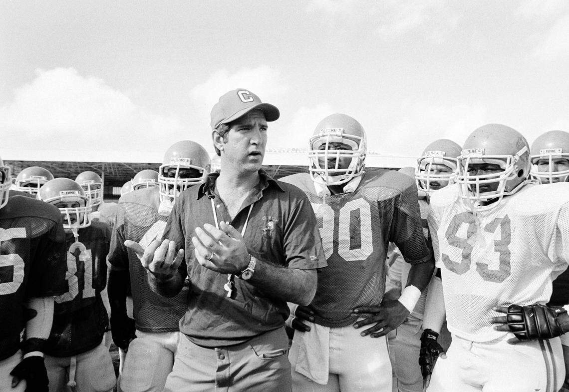 From Jan. 1, 1982: Clemson football coach Danny Ford gives some pointers to his team at Tropical stadium in Miami where they warmed up for the Orange Bowl on the way to winning the national championship.