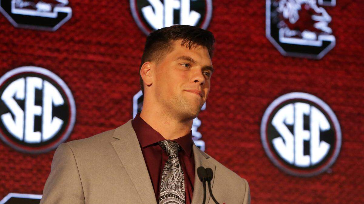 South Carolina’s Nick Muse speaks to reporters during the NCAA college football Southeastern Conference Media Days, Monday, July 19, 2021, in Hoover, Ala. (AP Photo/Butch Dill)