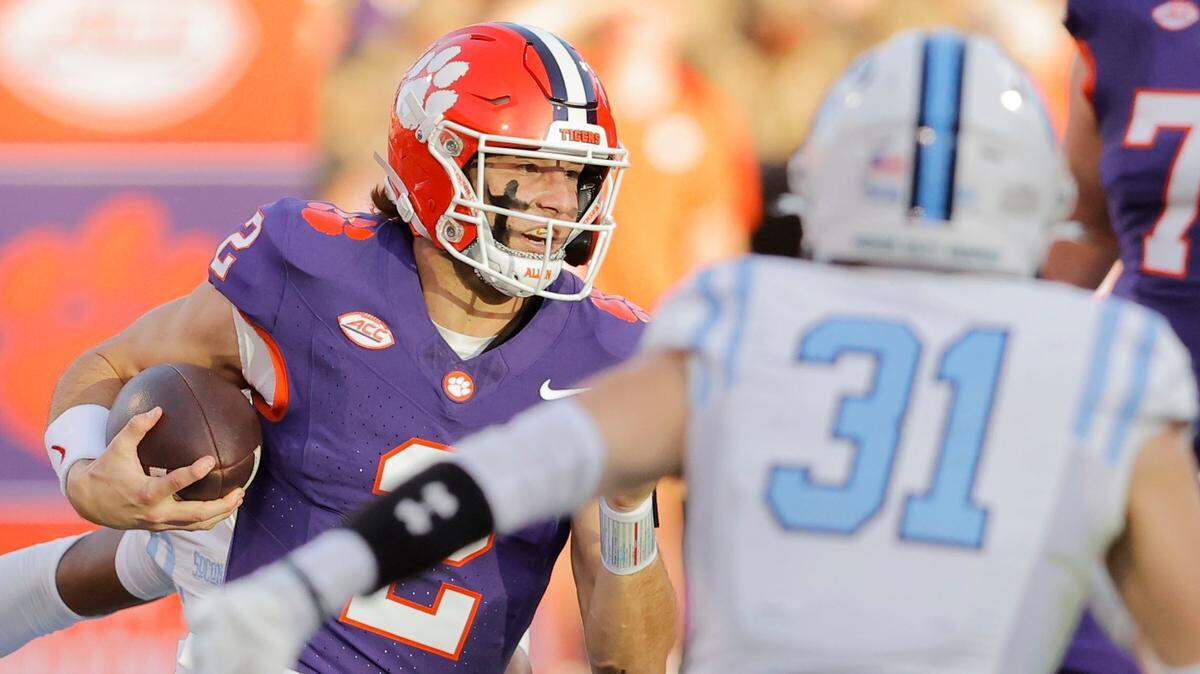 Clemson quarterback Cade Klubnik (2) runs against The Citadel during first-half action in Clemson, S.C. on Saturday, Nov. 23, 2024.