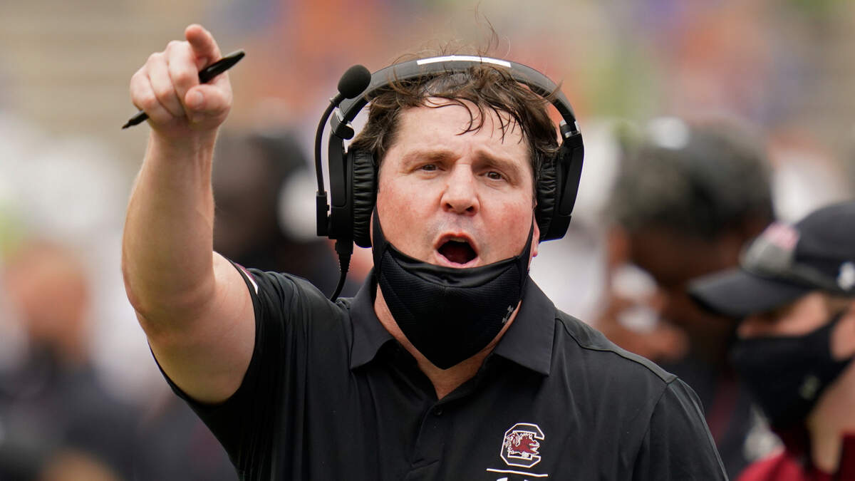 South Carolina head coach Will Muschamp has words with an official during the first half of an NCAA college football game against Florida, Saturday, Oct. 3, 2020, in Gainesville, Fla. (AP Photo/John Raoux, Pool)