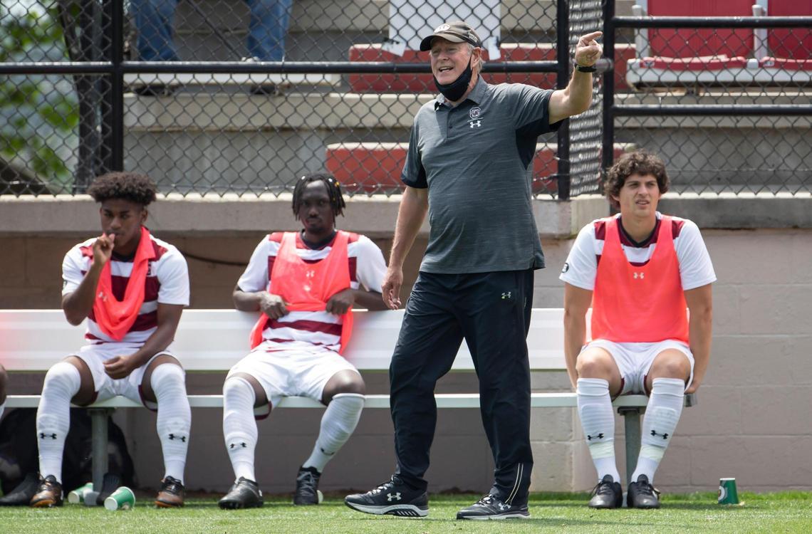 University of South Carolina soccer coach Mark Berson yells to his players during the Gamecocks’ game against the University of Kentucky on Saturday, April 17, 2021 at Stone Stadium in Columbia.