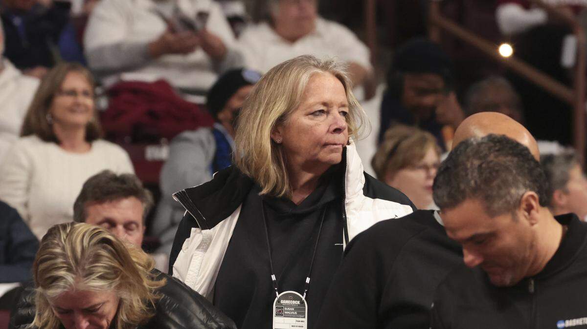 South Carolina's Sr. Director of women's basketball external affairs Susan Walvius sits in the stands during the first half of action of their women's basketball game against Texas at Colonial Life Arena on Thursday, Jan. 15, 2026.