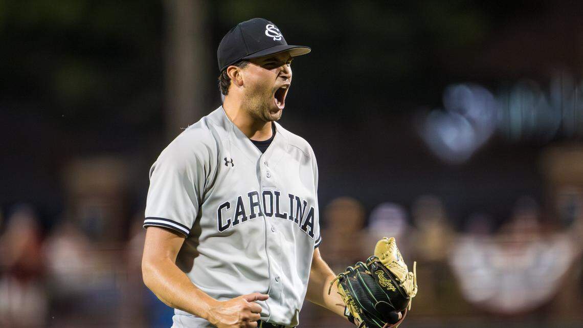 South Carolina Gamecocks pitcher Will Sanders (32) reacts after closing out the Campbell Camels during their 2023 NCAA Columbia Regional game at Founders Park in Columbia, SC, Sunday, June 4, 2023.