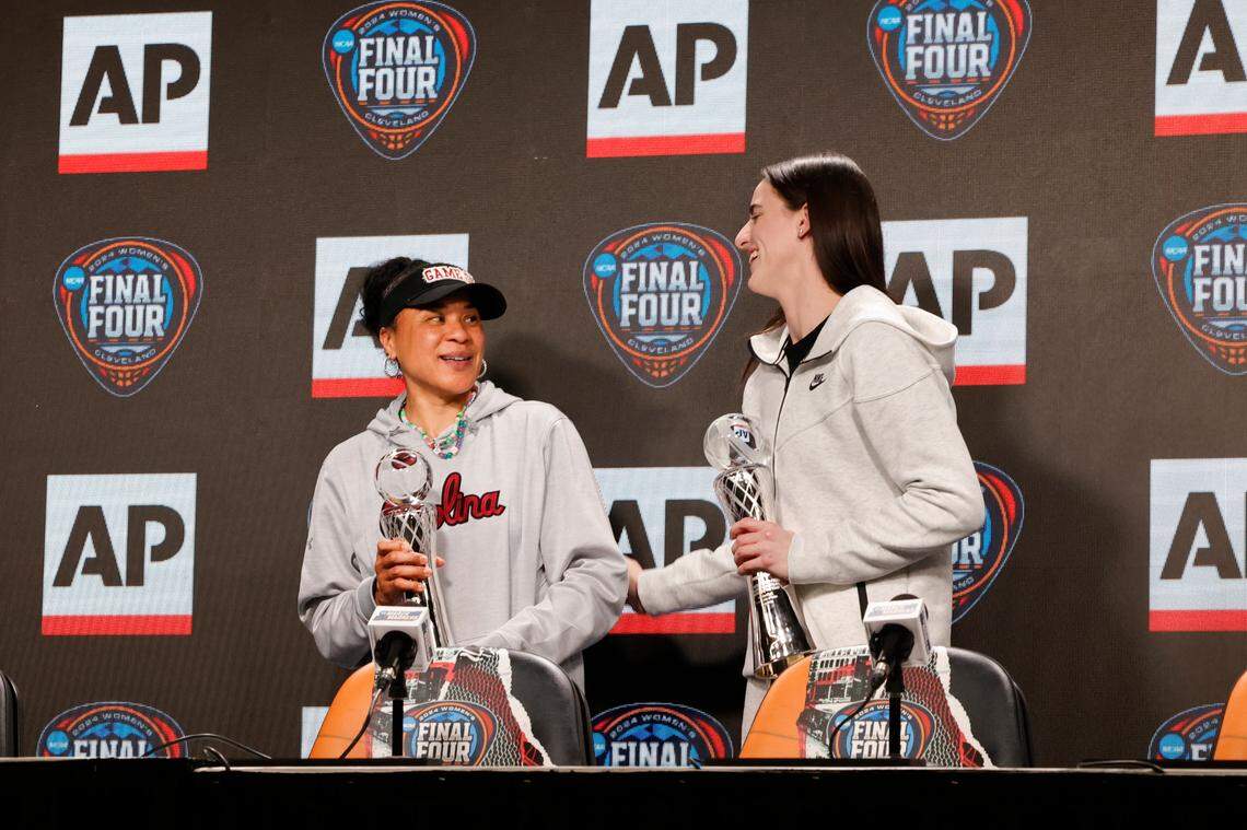 University of South Carolina Head Coach Dawn Staley and Iowa’s Caitlin Clark received recognition as the Associated Press coach and player of the year. The presentation was made during a press conference in advance of the Final Four game at Mortgage Field House in Cleveland, Ohio on Thursday, April 4, 2024.