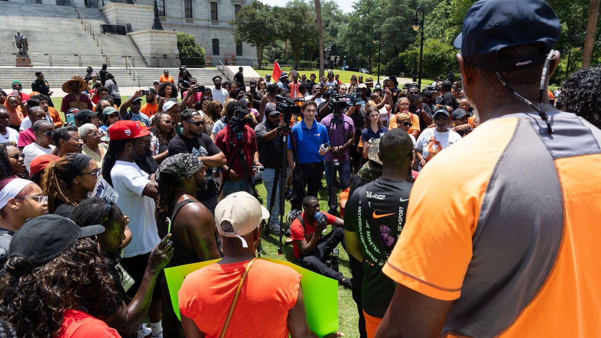 Community members gather at the S.C. statehouse in a rally in support of Cyrus Carmack-Belton, Saturday, June 6, 2026.