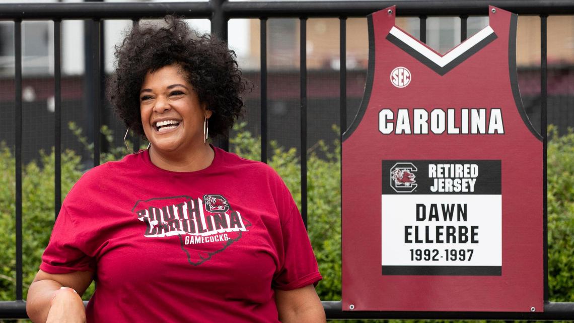 Former Gamecock athlete Dawn Ellerbe is honored at the Sheila and Morris Cregger Track Saturday, April 16, 2022. Her retired jersey is the third to be posted at the university’s track.