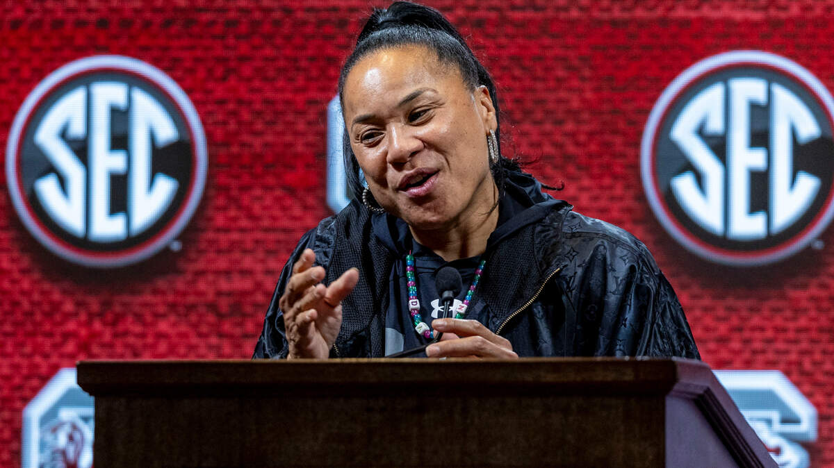 Oct 19, 2023; Birmingham, AL, USA; South Carolina Gamecocks head coach Dawn Staley talks with the media during the SEC Basketball Tipoff at Grand Bohemian Hotel Mountain Brook. Mandatory Credit: Vasha Hunt-USA TODAY Sports