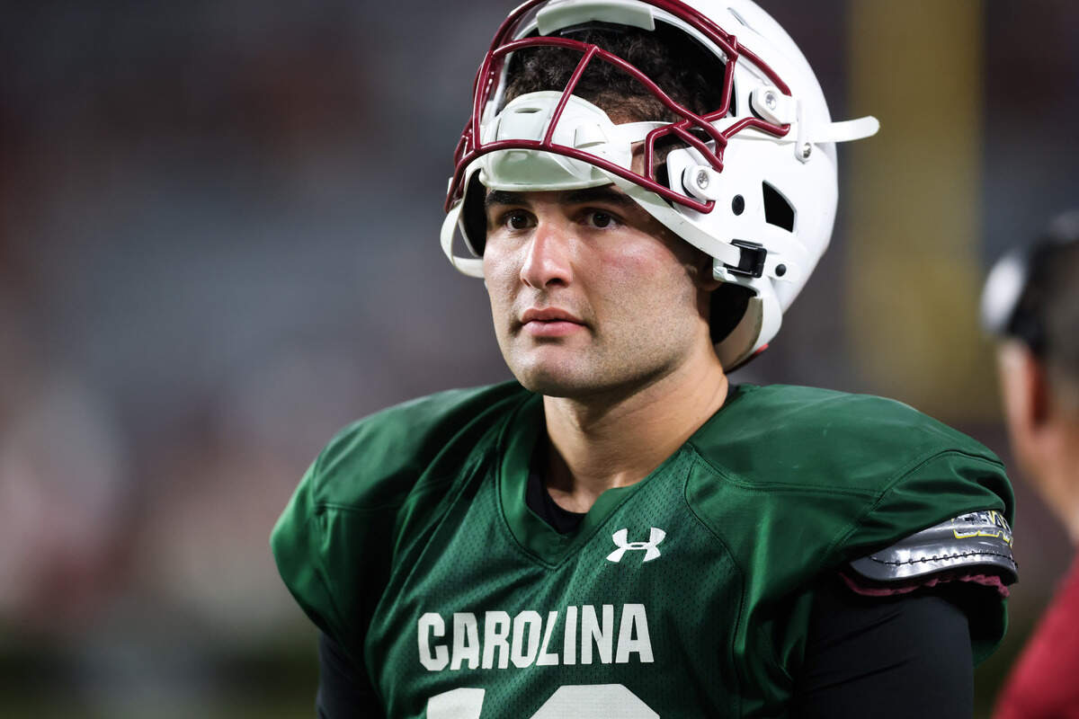 South Carolina quarterback Dante Reno (10) looks on during the Garnet and Black Spring Game in Columbia on Friday, April 18, 2025.