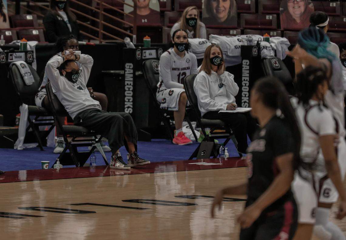 South Carolina Gamecocks head coach Dawn Staley takes on a relaxed pose during the second half of action as the Gamecocks dominate the Temple Owls at the Colonial Life Arena. The Gamecocks won, 103-41.