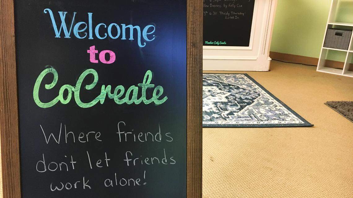 A chalkboard sign at the entrance of CoCreate, Lexington County’s first coworking space. Founder Kiri Rawson said her negative experience as a stay-at-home parent was the impetus for starting CoCreate.