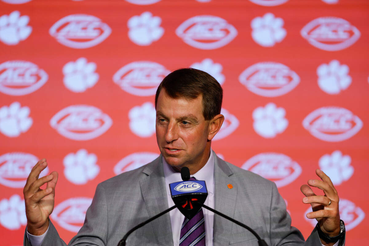Clemson head coach Dabo Swinney speaks to the media at the 2024 ACC Kickoff in Charlotte, N.C., Thursday, July 25, 2024.