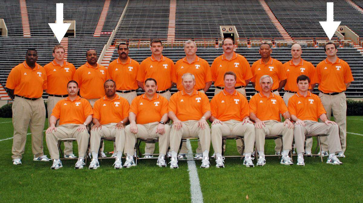 Shane Beamer (top row, far right) and Marcus Satterfield (top row, second from left) were on the same staff at Tennessee during the early 2000s. Beamer coached on defense, while Satterfield worked with the offense.