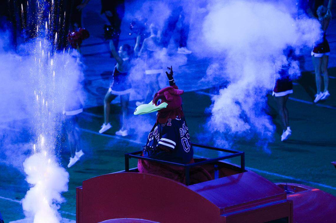 Cocky, the University of South Carolina Gamecocks mascot, emerges from the roof of a train before the team plays Vanderbilt at Williams-Brice Stadium on Saturday, September 13, 2025.