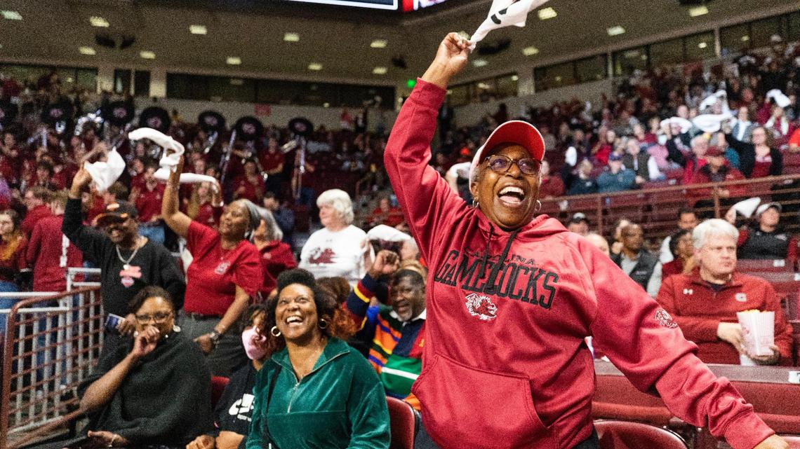 Vivian Dicks cheers as South Carolina plays UCLA on Tuesday, November 29, 2022. Dicks has been a season ticket holder for years, and has watched the team become the dominant team it is today.