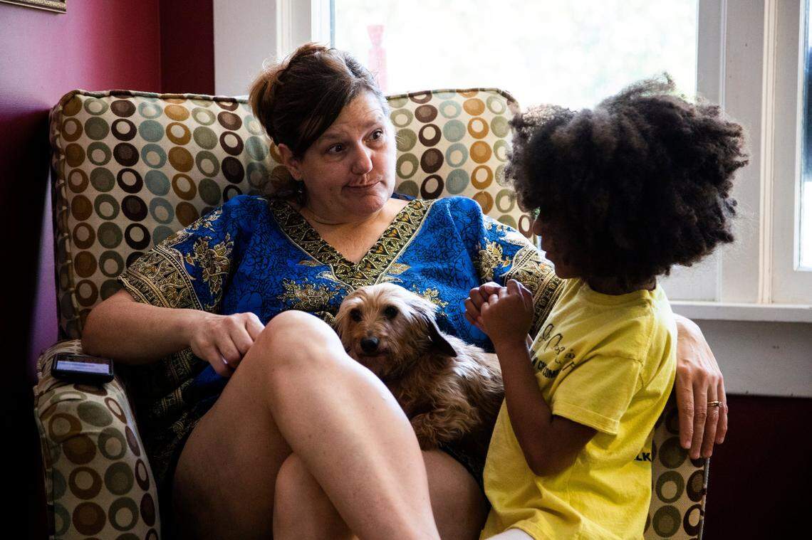 Stephanie Bridgers talks with Al’mirah Lockridge, 6, on Tuesday, April 28, 2020. Lockridge’s mother is friends with Bridgers and watches her while her mother is at work.