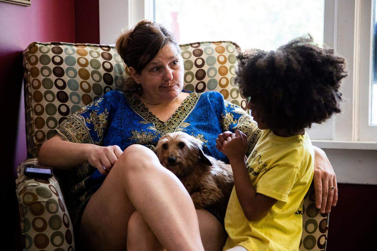 Stephanie Bridgers talks with Al’mirah Lockridge, 6, on Tuesday, April 28, 2020. Lockridge’s mother is friends with Bridgers and watches her while her mother is at work.