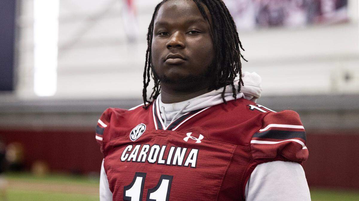 South Carolina’s Elijah Davis speaks to media on Thursday, August 3, 2023.