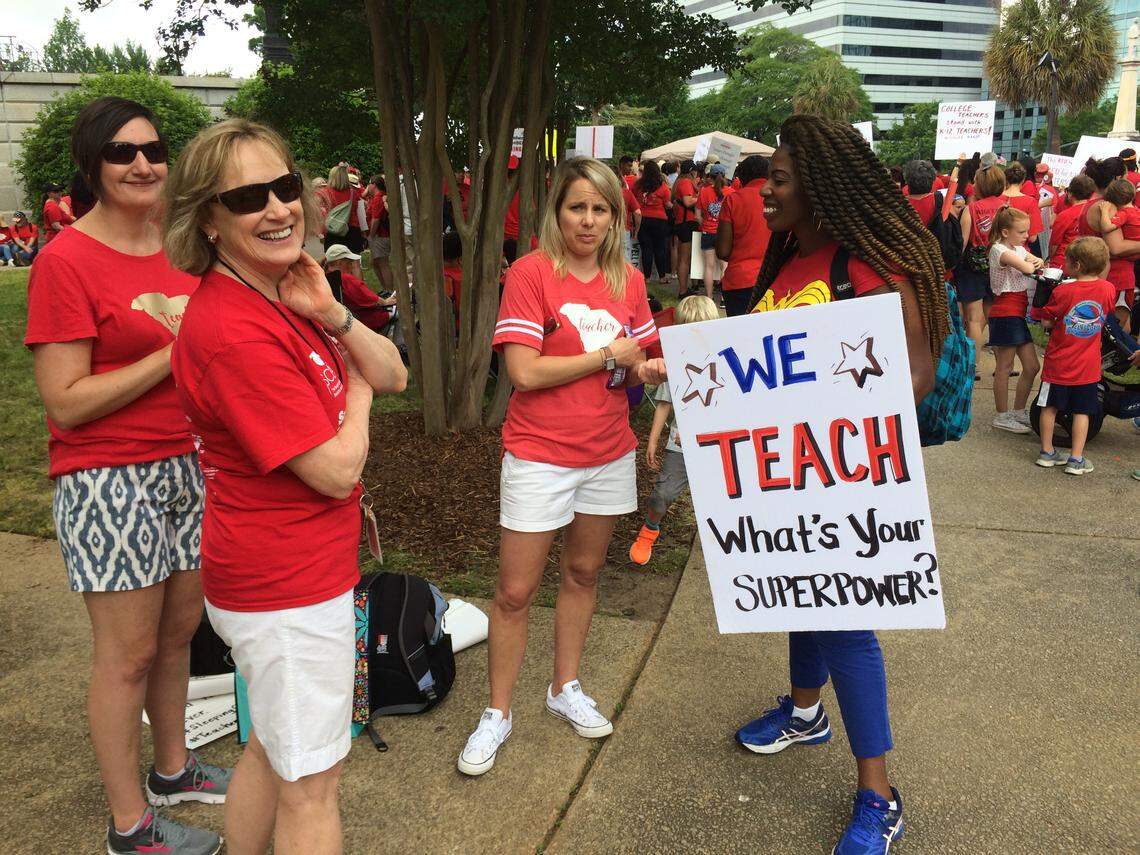 Richland 2 School District music teacher Camille Stack, a 20-year-veteran, participates in a teacher rally and protest at the S.C. State House Wednesday, May 1, 2019, urging lawmakers for better pay, smaller class sizes, less testing and better working conditions for educators.