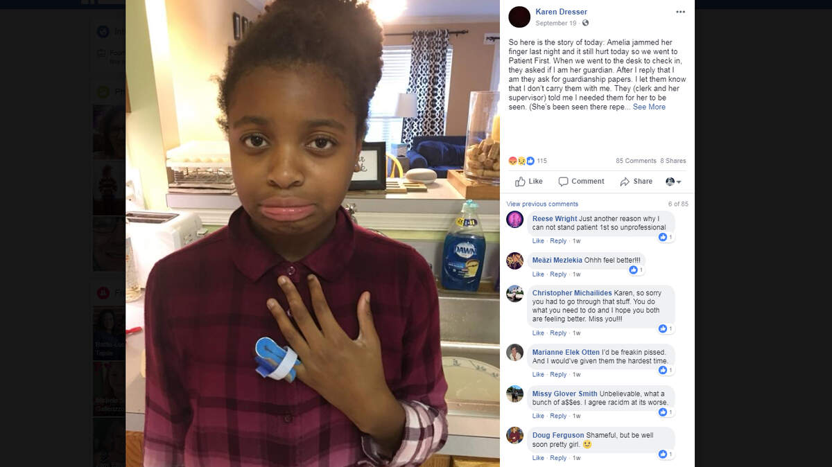 This screenshot shows a picture Karen Dresser shared of her daughter after she was denied medical treatment because health care staff did not believe the white woman was the girl’s mother.